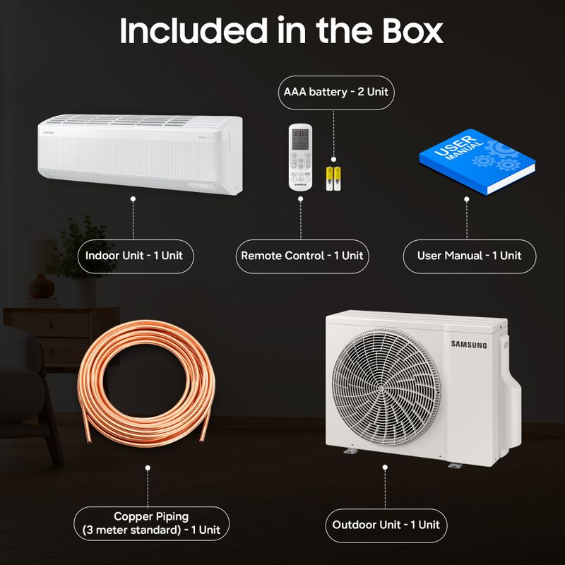 Samsung bespoke ai 2026 model 1.5 ton 3 star split windfree inverter with wi-fi energy saving, voice control, powerful cooling, copper, 4 way swing, 5 step convertible ac - M Y V E L O R A