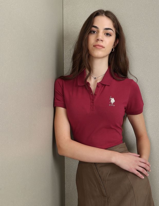 U.s. polo assn. solid women polo neck red t-shirt - M Y V E L O R A