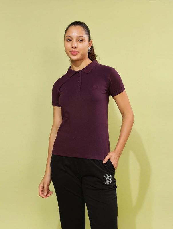 Dollar solid women polo neck purple t-shirt - M Y V E L O R A