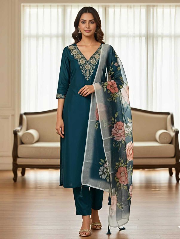 Pravagh creation embroidered, solid kurta, churidar & dupatta set - M Y V E L O R A