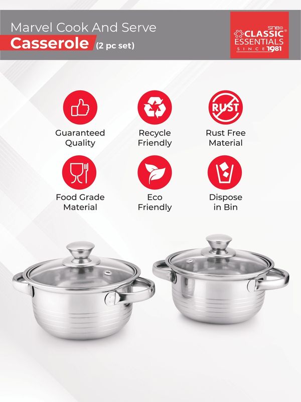 Classic essentials stainless steel marvel casserole with glass lid pack of 2 cook and serve casserole set - M Y V E L O R A
