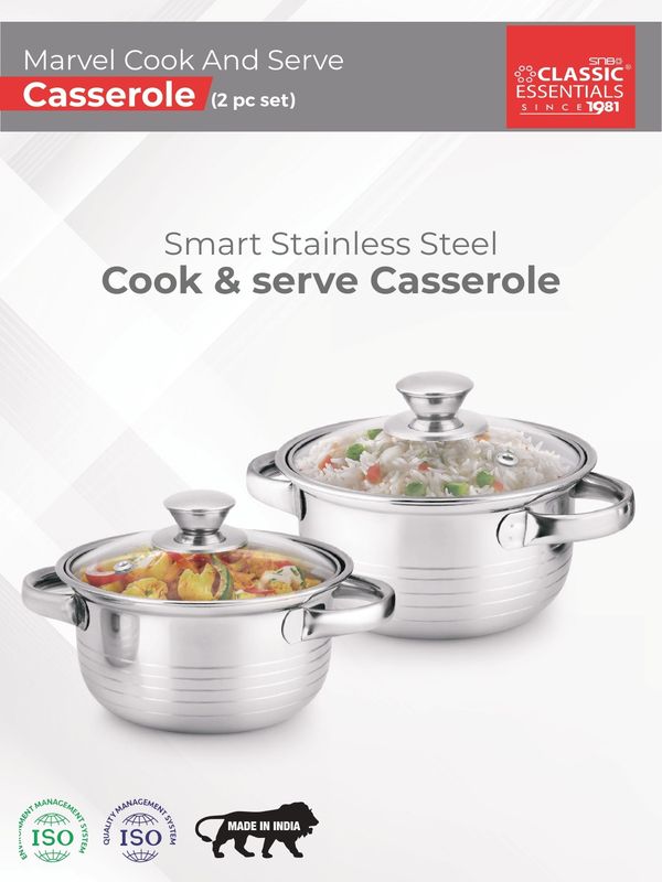 Classic essentials stainless steel marvel casserole with glass lid pack of 2 cook and serve casserole set - M Y V E L O R A