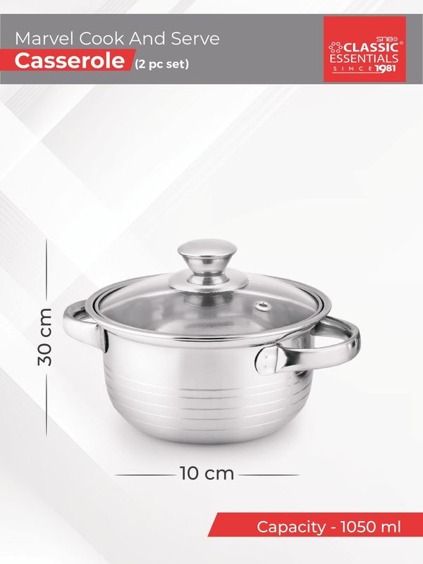Classic essentials stainless steel marvel casserole with glass lid pack of 2 cook and serve casserole set - M Y V E L O R A