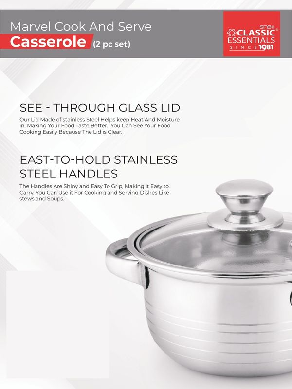 Classic essentials stainless steel marvel casserole with glass lid pack of 2 cook and serve casserole set - M Y V E L O R A