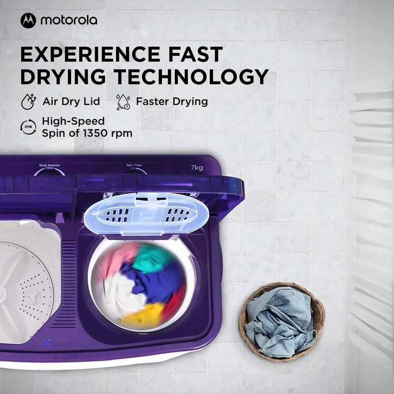 Motorola 7 kg semi automatic top load washing machine white, purple - M Y V E L O R A
