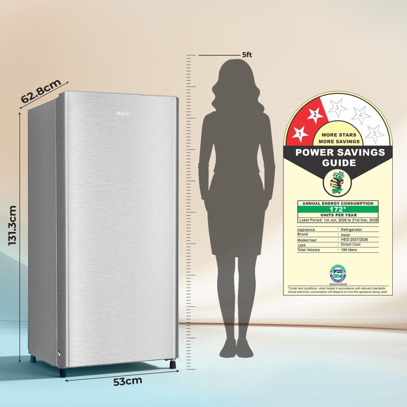 Haier 190 l direct cool single door 2 star refrigerator  with fast ice making, easy clean back, large vegetable box ( 2026 model) - M Y V E L O R A