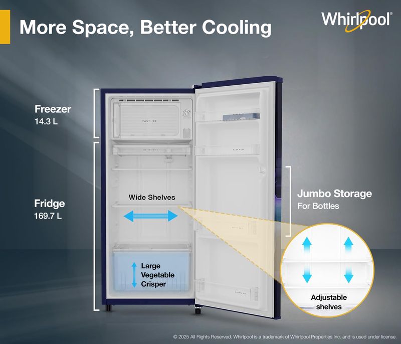 Whirlpool 184 l direct cool single door 2 star refrigerator  with 2 star refrigerator, upto 9 hour cooling retention, fridge - M Y V E L O R A