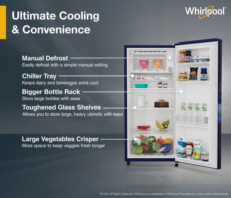 Whirlpool 184 l direct cool single door 2 star refrigerator  with 2 star refrigerator, upto 9 hour cooling retention, fridge - M Y V E L O R A