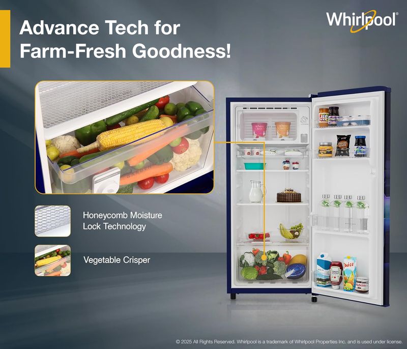 Whirlpool 184 l direct cool single door 2 star refrigerator  with 2 star refrigerator, upto 9 hour cooling retention, fridge - M Y V E L O R A