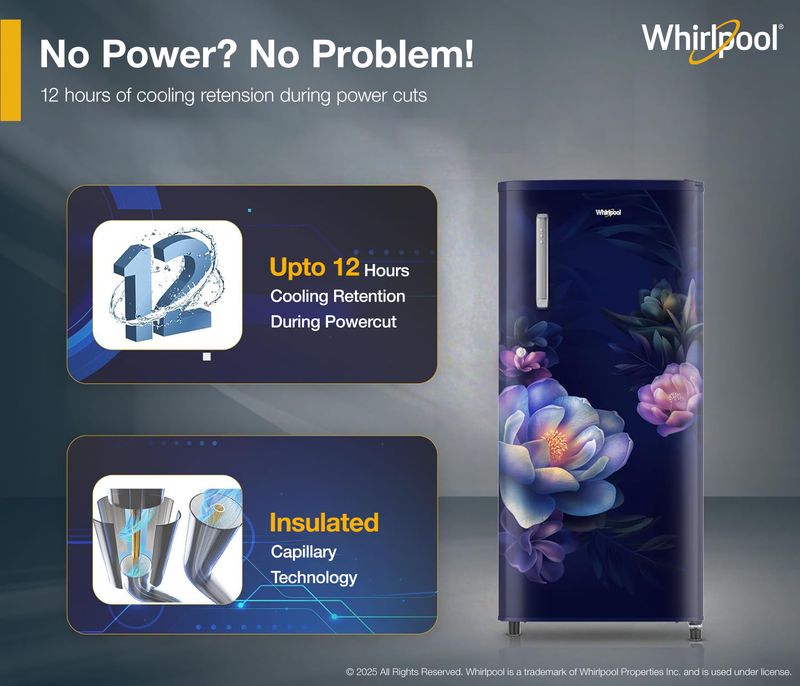 Whirlpool 184 l direct cool single door 2 star refrigerator  with 2 star refrigerator, upto 9 hour cooling retention, fridge - M Y V E L O R A