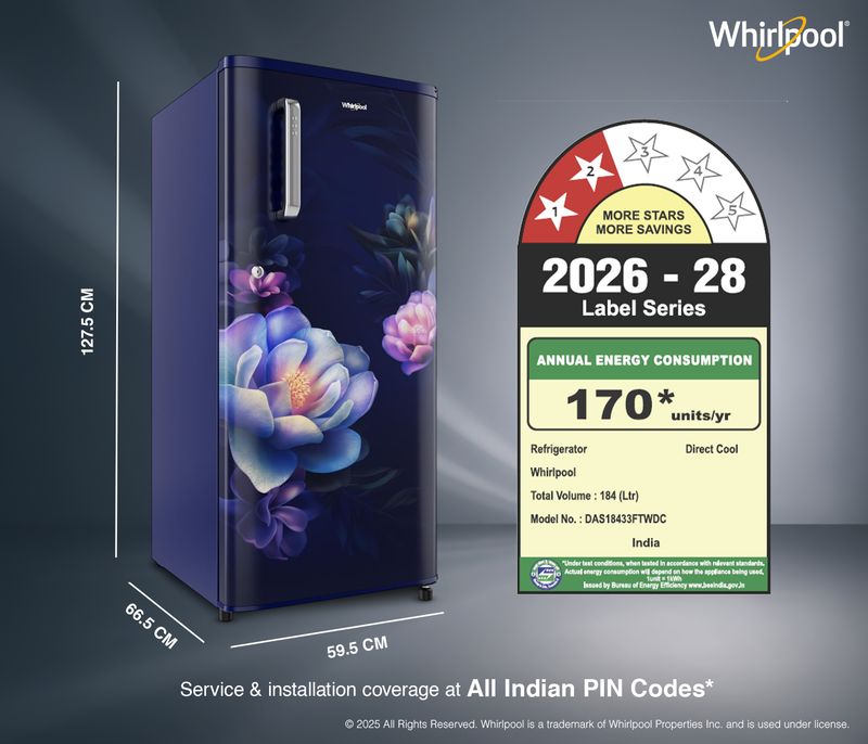 Whirlpool 184 l direct cool single door 2 star refrigerator  with 2 star refrigerator, upto 9 hour cooling retention, fridge - M Y V E L O R A