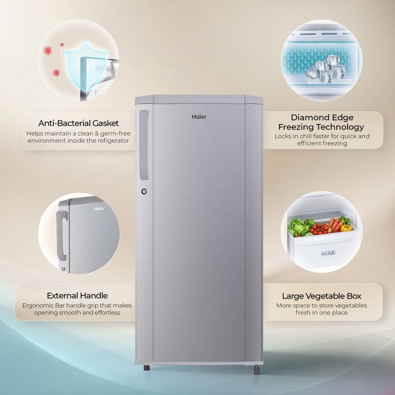 Haier 165 l direct cool single door 1 star refrigerator  with diamond edge freezing technology, easy clean back, large vegetable box ( 2026 model) - M Y V E L O R A