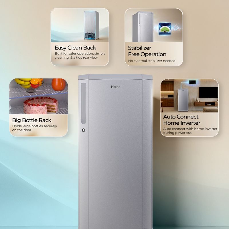 Haier 165 l direct cool single door 1 star refrigerator  with diamond edge freezing technology, easy clean back, large vegetable box ( 2026 model) - M Y V E L O R A
