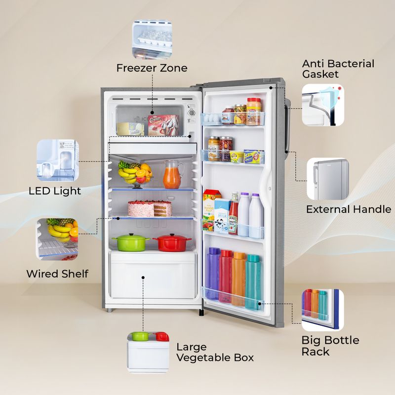 Haier 165 l direct cool single door 1 star refrigerator  with diamond edge freezing technology, easy clean back, large vegetable box ( 2026 model) - M Y V E L O R A