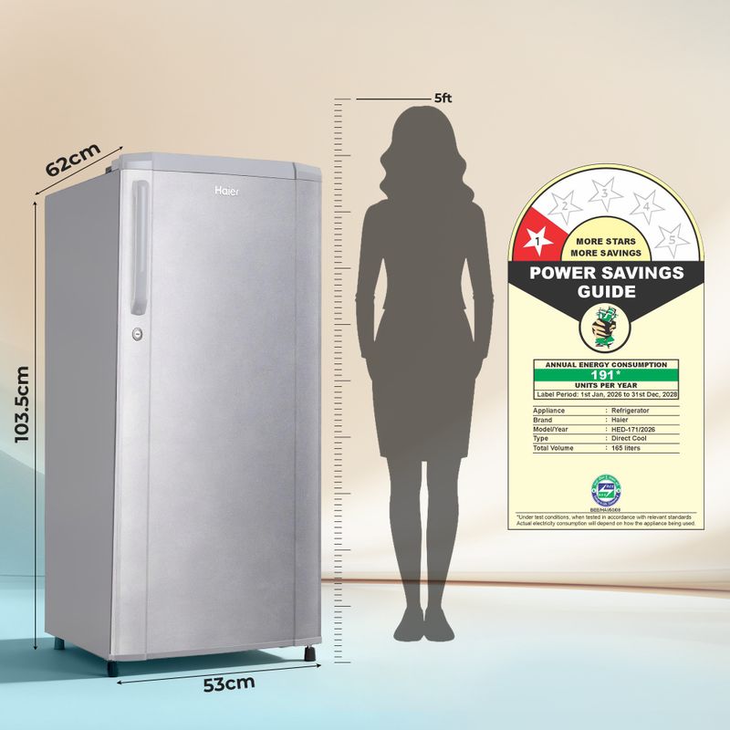 Haier 165 l direct cool single door 1 star refrigerator  with diamond edge freezing technology, easy clean back, large vegetable box ( 2026 model) - M Y V E L O R A