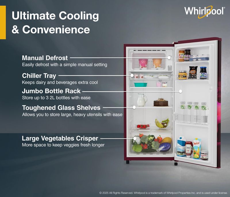 Whirlpool 184 l direct cool single door 2 star refrigerator  with 2 star refrigerator, upto 9 hour cooling retention, fridge - M Y V E L O R A