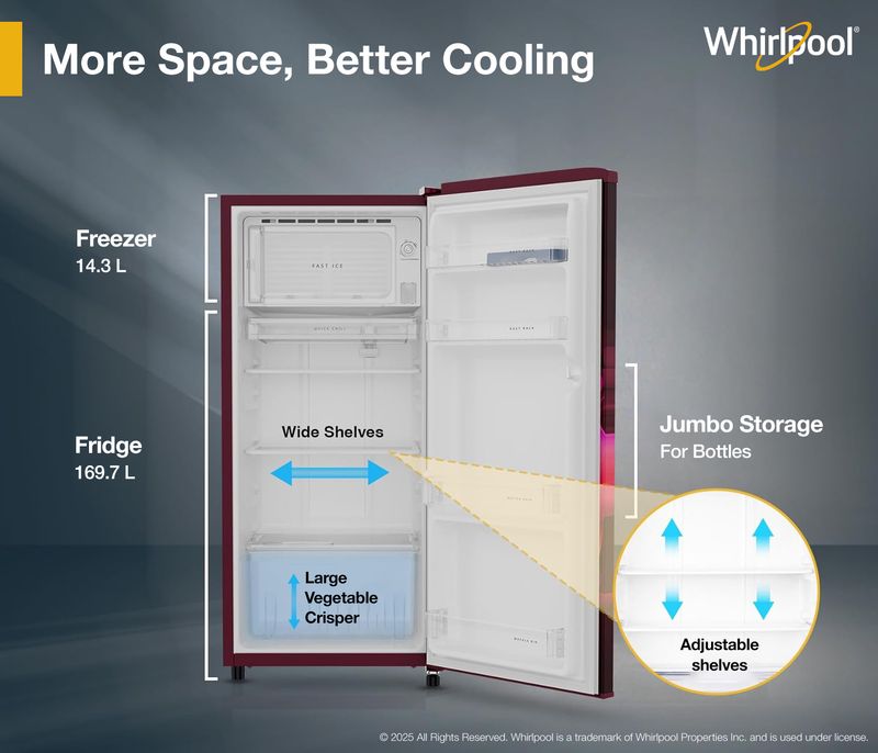 Whirlpool 184 l direct cool single door 2 star refrigerator  with 2 star refrigerator, upto 9 hour cooling retention, fridge - M Y V E L O R A