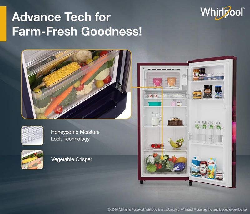 Whirlpool 184 l direct cool single door 2 star refrigerator  with 2 star refrigerator, upto 9 hour cooling retention, fridge - M Y V E L O R A