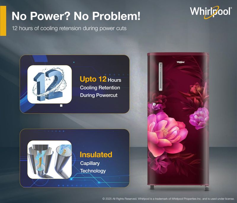 Whirlpool 184 l direct cool single door 2 star refrigerator  with 2 star refrigerator, upto 9 hour cooling retention, fridge - M Y V E L O R A