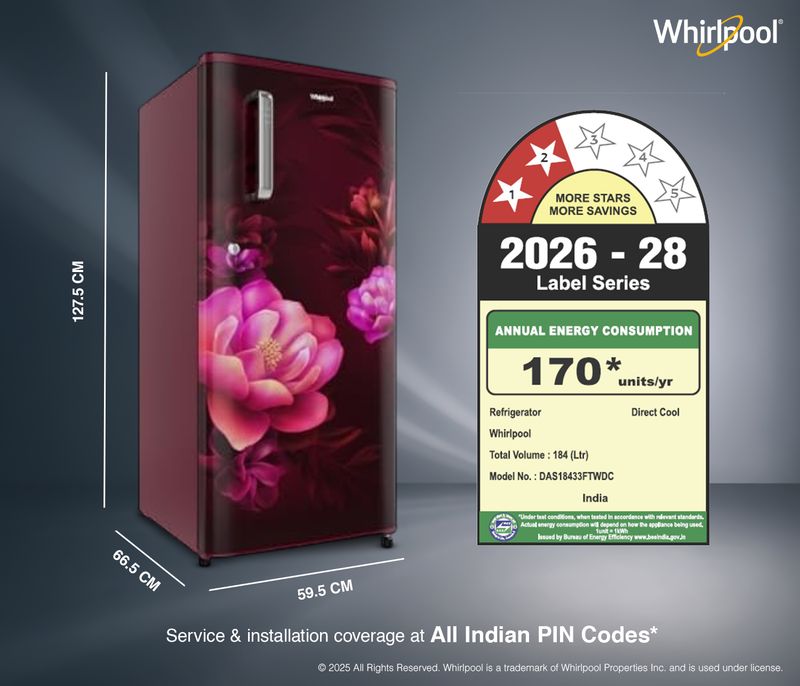 Whirlpool 184 l direct cool single door 2 star refrigerator  with 2 star refrigerator, upto 9 hour cooling retention, fridge - M Y V E L O R A