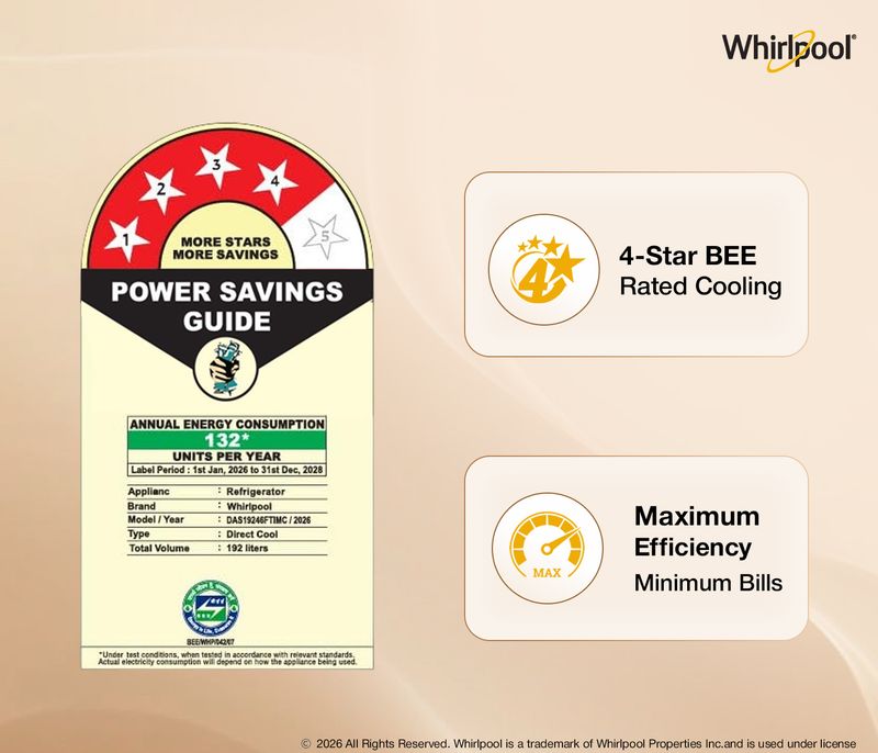 Whirlpool 192 l direct cool single door 4 star refrigerator  with 4 star refrigerator, upto 12 hour cooling retention, fridge - M Y V E L O R A