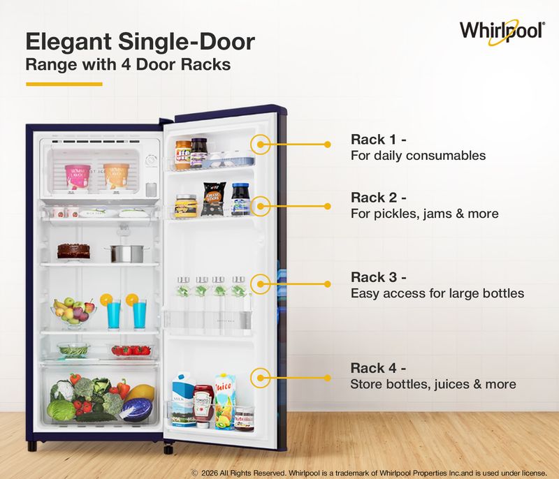 Whirlpool 192 l direct cool single door 4 star refrigerator  with 4 star refrigerator, upto 12 hour cooling retention, fridge - M Y V E L O R A