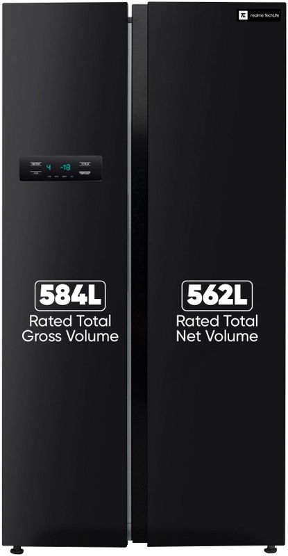 Realme techlife 584 l frost free side by side refrigerator  with farm fresh technology, inverter compressor, and digital control panel - M Y V E L O R A