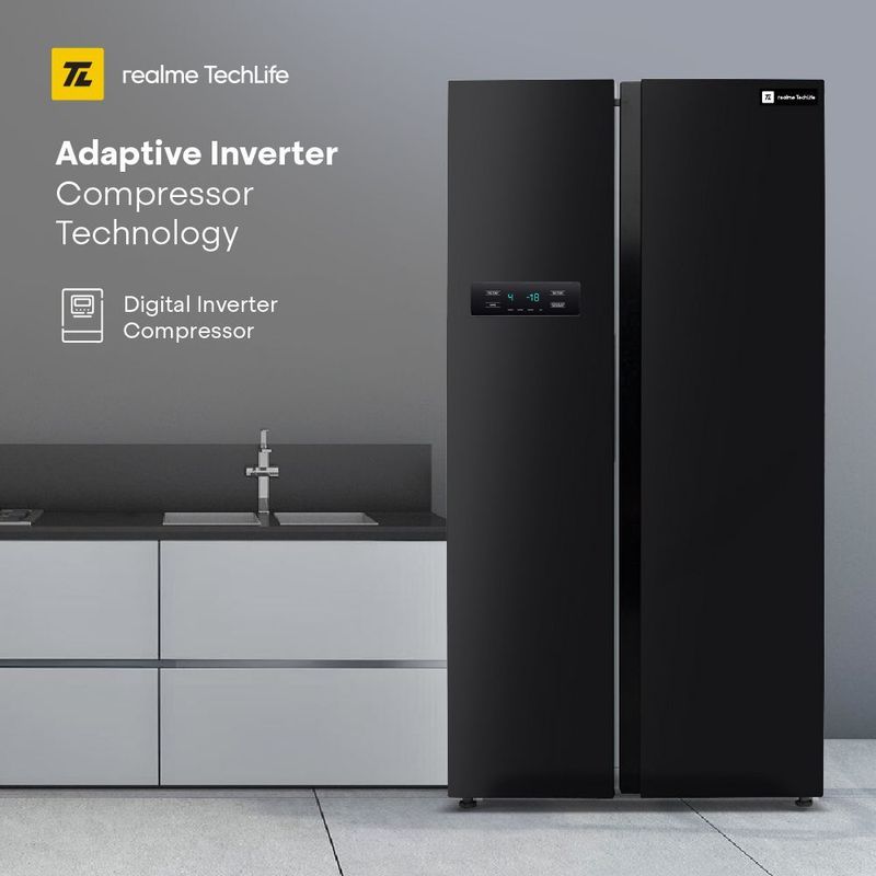 Realme techlife 584 l frost free side by side refrigerator  with farm fresh technology, inverter compressor, and digital control panel - M Y V E L O R A