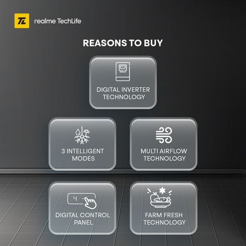 Realme techlife 584 l frost free side by side refrigerator  with farm fresh technology, inverter compressor, and digital control panel - M Y V E L O R A