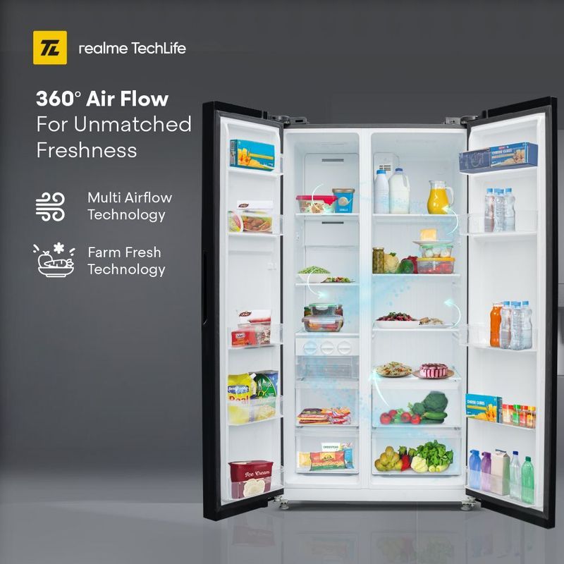 Realme techlife 584 l frost free side by side refrigerator  with farm fresh technology, inverter compressor, and digital control panel - M Y V E L O R A