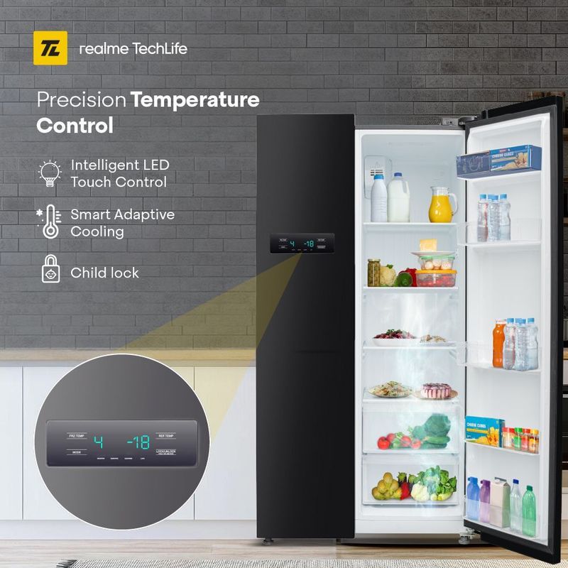 Realme techlife 584 l frost free side by side refrigerator  with farm fresh technology, inverter compressor, and digital control panel - M Y V E L O R A