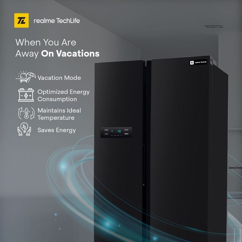 Realme techlife 584 l frost free side by side refrigerator  with farm fresh technology, inverter compressor, and digital control panel - M Y V E L O R A