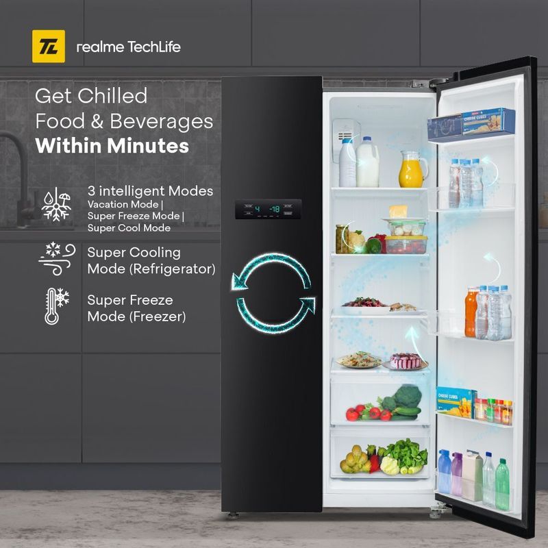 Realme techlife 584 l frost free side by side refrigerator  with farm fresh technology, inverter compressor, and digital control panel - M Y V E L O R A