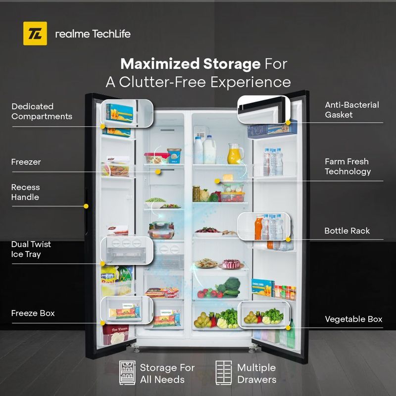 Realme techlife 584 l frost free side by side refrigerator  with farm fresh technology, inverter compressor, and digital control panel - M Y V E L O R A