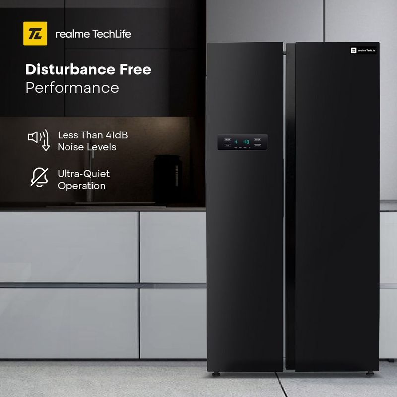 Realme techlife 584 l frost free side by side refrigerator  with farm fresh technology, inverter compressor, and digital control panel - M Y V E L O R A