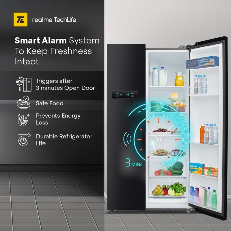 Realme techlife 584 l frost free side by side refrigerator  with farm fresh technology, inverter compressor, and digital control panel - M Y V E L O R A