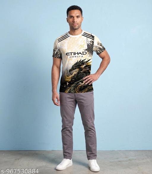 Xrelax Men Graphic Print Round Neck Polyester Beige T-Shirt - M Y V E L O R A