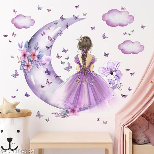Advait Design decorative cute girl on moon with butterfies wall stickers for living room, children room, nursery, playgroup - M Y V E L O R A