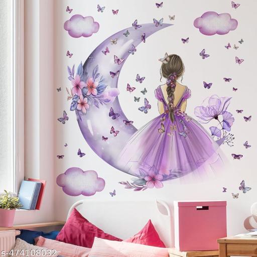 Advait Design decorative cute girl on moon with butterfies wall stickers for living room, children room, nursery, playgroup - M Y V E L O R A
