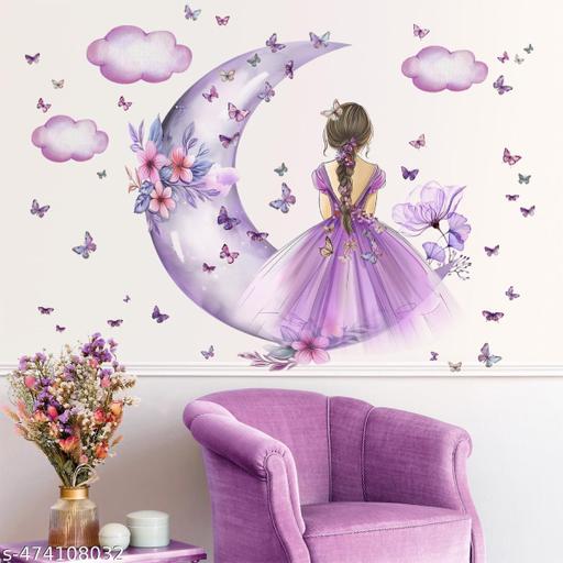 Advait Design decorative cute girl on moon with butterfies wall stickers for living room, children room, nursery, playgroup - M Y V E L O R A