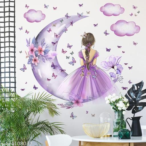 Advait Design decorative cute girl on moon with butterfies wall stickers for living room, children room, nursery, playgroup - M Y V E L O R A