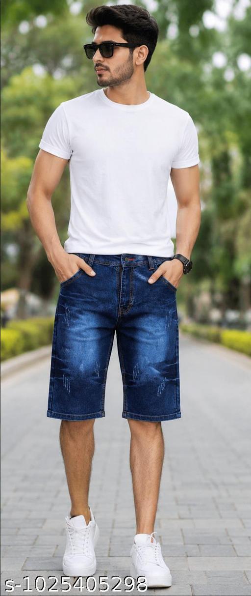 Men’s Stylish Blue Denim Bermuda Shorts | Casual Washed Look | Comfortable Cotton Denim Shorts - M Y V E L O R A