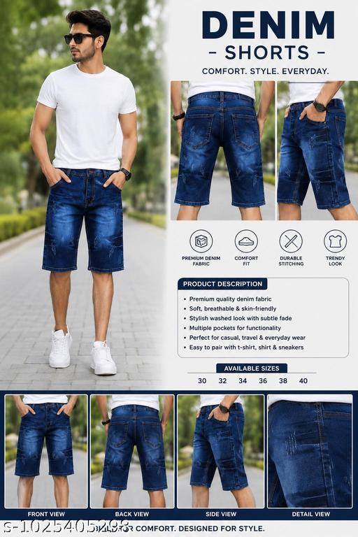 Men’s Stylish Blue Denim Bermuda Shorts | Casual Washed Look | Comfortable Cotton Denim Shorts - M Y V E L O R A