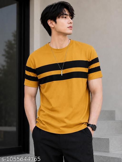 Men's Cotton Blend Striped Round Neck Half Sleeve Casual T-Shirt - M Y V E L O R A