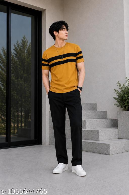 Men's Cotton Blend Striped Round Neck Half Sleeve Casual T-Shirt - M Y V E L O R A