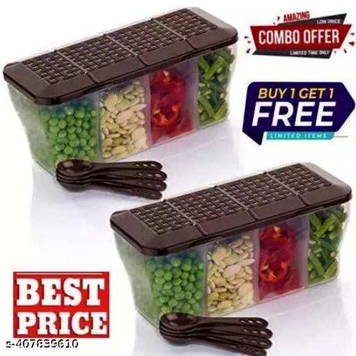4 in 1 Multipurpose 4 Section Kitchen, Fridge Storage Airtight Container Set for Vegetables, Dryfruits, Spices, Groceries, and Pickles with 4 Spoons Storage Set (Brown, Pack of 2) - M Y V E L O R A