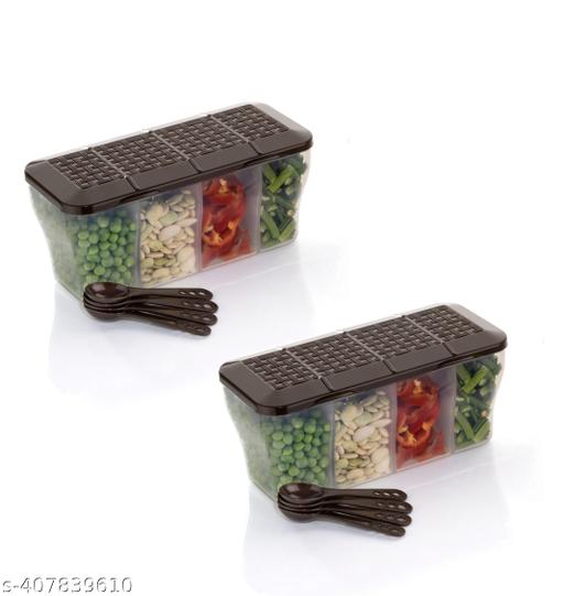 4 in 1 Multipurpose 4 Section Kitchen, Fridge Storage Airtight Container Set for Vegetables, Dryfruits, Spices, Groceries, and Pickles with 4 Spoons Storage Set (Brown, Pack of 2) - M Y V E L O R A