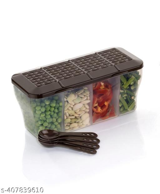 4 in 1 Multipurpose 4 Section Kitchen, Fridge Storage Airtight Container Set for Vegetables, Dryfruits, Spices, Groceries, and Pickles with 4 Spoons Storage Set (Brown, Pack of 2) - M Y V E L O R A