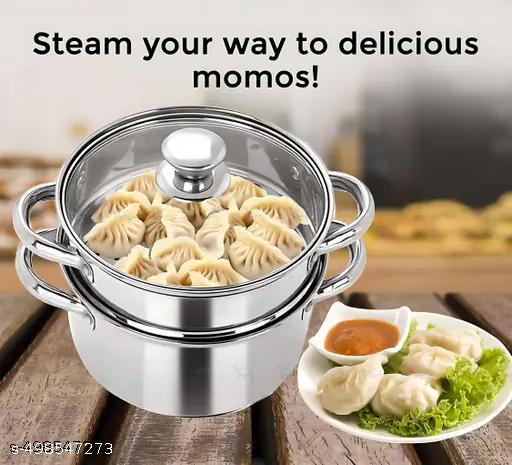 Missippi Stainless Steel Steamer 2 Tier with Glass Lid 18 cm | Multi Purpose Momos, Modak Maker Steamer  - M Y V E L O R A