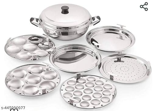Stainless Steel Idli, dhokla, patra cooker Multi Kadai with Plan bottom & Standar Idli Maker (6 Plates , 14 Idlis ) - M Y V E L O R A
